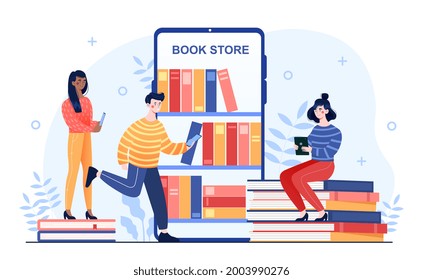 Young male and female characters are reading books on mobile devices from online book store. Group of students sitting and standing next to a stack of books. Flat cartoon vector illustration