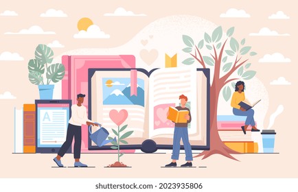 Young male and female characters are reading books in outdoor library together. Concept of life improvement strategy with education coming from literature. Flat cartoon vector illustration