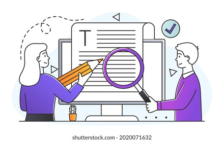 Young male and female characters reviewing paperwork and checking for mistakes or errors. Concept of agreement audit, legal analysis and project contract inspection. Flat cartoon vector illustration
