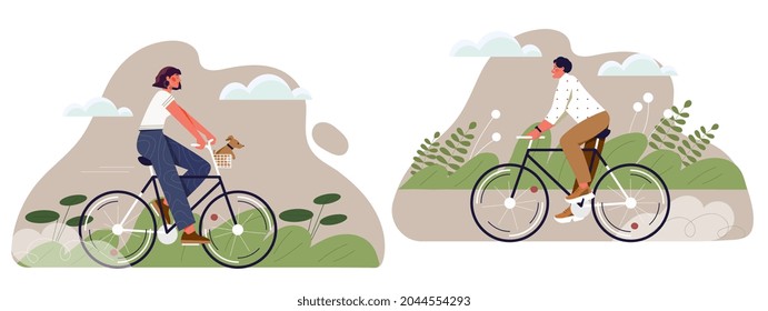 Young male and female characters are riding bicycles with baskets on white background. Cheerful cyclists on bike with grocery bag in the park. Eco-friendly transport. Flat cartoon vector illustration