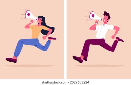 Young male and female characters are running and shouting in megaphone for getting attention on pastel background. Concept of announcement, speaker, advertising. Flat cartoon vector illustration