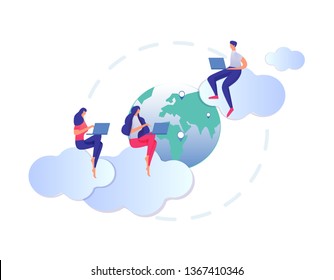 Young Male and Female Characters Sitting on Clouds with Laptops on Earth Globe Background, Worldwide Net, Distant Education and E-learning. Students Gain Knowledge. Cartoon Flat Vector Illustration.