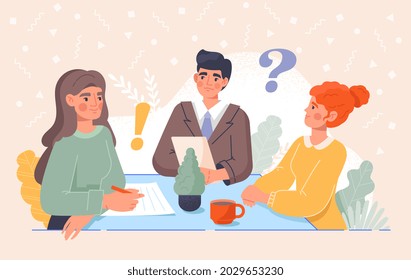Young male and female characters are sitting together on a business meeting. Business team at the office desk discussing a project. Question and exclamation marks. Flat cartoon vector illustration