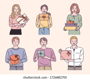 Young male   female characters are smiling and gift box  flat design style minimal vector illustration 