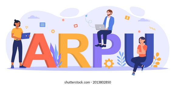 Young male and female characters are standing and sitting on average revenue per user abbreviation. Concept of ARPU abbreviation. Business increase calculation. Flat cartoon vector illustration