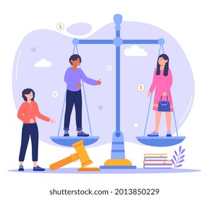 Young male and female characters are standing on scaleas. Concept of equality and freedom measurement, social protection and punishment system balance. Flat cartoon vector illustration