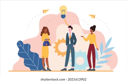 Young male and female characters are standing together to create an idea. Concept of tangled tangle, brainstorming, beginning, solving business problems. Flat cartoon vector illustration