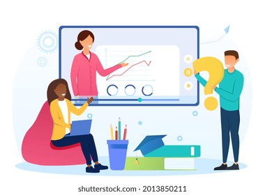 Young male and female characters are studying online remotely from home. Concept of online course, learning and studying from home. Tutor teaching on big screen. Flat cartoon vector illustration