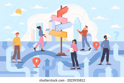 Young male and female characters are trying to find the right path direction and guide to destination. Different strategies for life choices and hardship solutions. Flat cartoon vector illustration