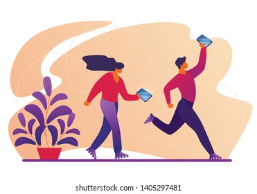 Young Male and Female Characters Walking on Roller Skates with Smartphones in Hands. Smart Technologies in Human Life, People Using Gadgets, Man and Woman with Devices Cartoon Flat Vector Illustration