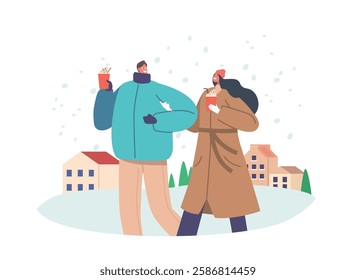 Young Male and Female Characters in Warm Clothes Enjoying Winter Drinks. People Drinking Hot Beverages at Winter Season