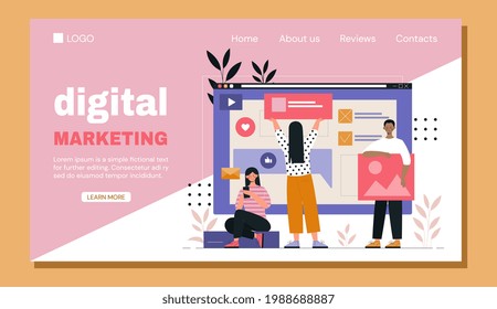 Young male and female characters are working in digital marketing together in company. Concept of social media marketing. Website, web page, landing page template. Flat cartoon vector illustration