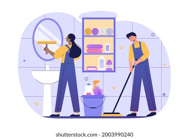 Young male and female characters are working as a cleaning service. Man and woman in uniforms washing floor and mirror with a mop in the bathroom together. Flat cartoon vector illustration