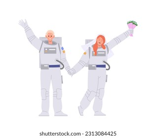 Young male and female cosmonaut loving couple characters celebrating wedding in outer space