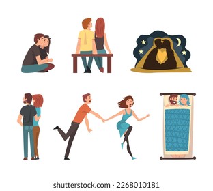 Young Male and Female Couple Feeling Love and Affection Vector Set