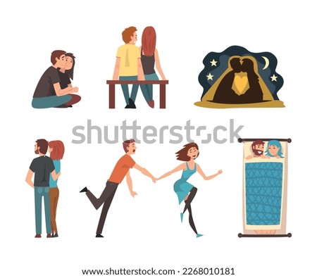 Young Male and Female Couple Feeling Love and Affection Vector Set