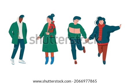 Young Male and Female Couple Holding Hand Feeling Love and Affection Vector Set