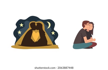 Young Male and Female Couple Sitting Embracing and Kissing Under Night Sky Feeling Love and Affection Vector Set