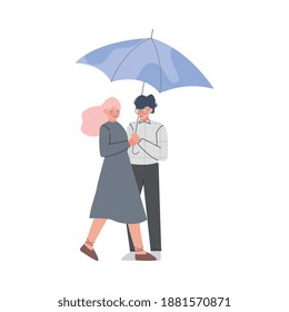 Young Male and Female Couple with Umbrella Enjoying Walk in the Rainy Day Vector Illustration