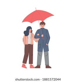 Young Male and Female Couple with Umbrella Enjoying Walk in the Rainy Day Vector Illustration