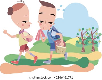 Young male and female couples enjoy hiking on their days off.vector illustration