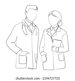 Young Male And Female Doctors Standing Together Single Continuous Line Drawing Vector Illustration. Medical Teamwork Concept Minimal Art Drawing.Man And Woman Doctors Black And White Sketch 