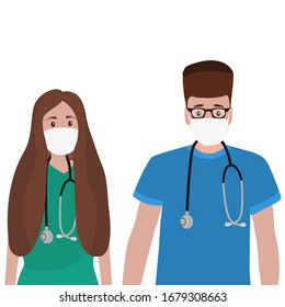 Young male and female doctors with stethoscope in a hospital. Cartoon flat, vert illustration