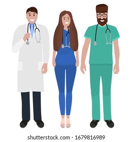 Young male and female doctors with stethoscope in a hospital. Cartoon flat, vector illustration