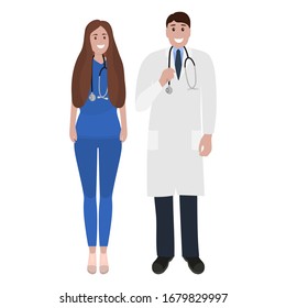 Young male and female doctors with stethoscope in a hospital. Cartoon flat, vector illustration