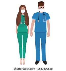 Young male and female doctors with stethoscope in a hospital. Cartoon flat, vector illustration