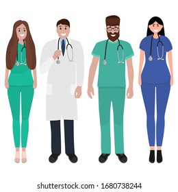 Young male and female doctors with stethoscope in a hospital. Cartoon flat, vector illustration