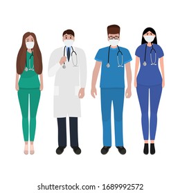 Young male and female doctors with stethoscope in a hospital. Cartoon flat, vector illustration