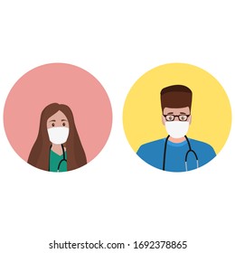 Young male and female doctors with stethoscope in a hospital. Cartoon flat, vector illustration