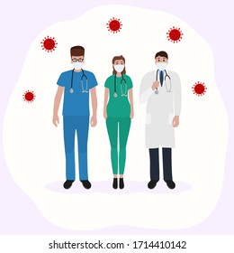 Young male and female doctors with stethoscope in a hospital. Cartoon flat, vector illustration