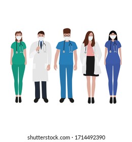 Young male and female doctors with stethoscope in a hospital. Cartoon flat, vector illustration