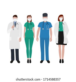 Young male and female doctors with stethoscope in a hospital. Cartoon flat, vector illustration