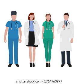 Young male and female doctors with stethoscope in a hospital. Cartoon flat, vector illustration