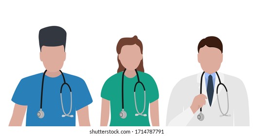 Young male and female doctors with stethoscope in a hospital. Cartoon flat, vector illustration