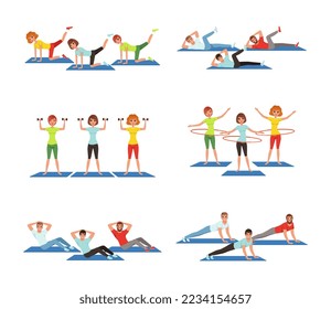 Young Male and Female Doing Physical Exercises on Mat During Aerobics Class Vector Set