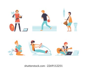 Young Male and Female Engaged in Hobby and Recreation Activity Vector Set