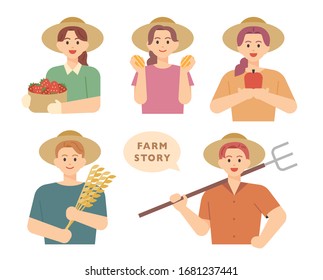 Young male and female farmers are holding crops and smiling. flat design style minimal vector illustration.