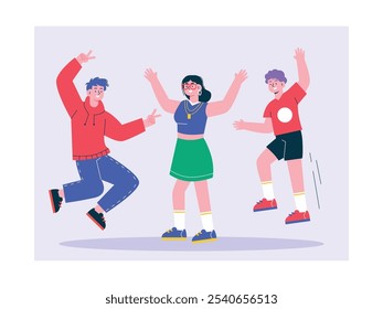 Young male and female friends are celebrating with jumping, cheerful enjoy life. Design character. Vector flat illustration