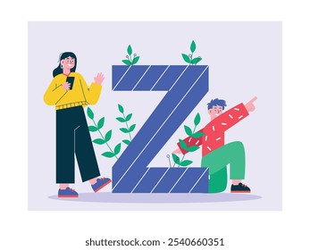 Young male and female friends, gen Z be creative and energetic. Design character. Vector flat illustration