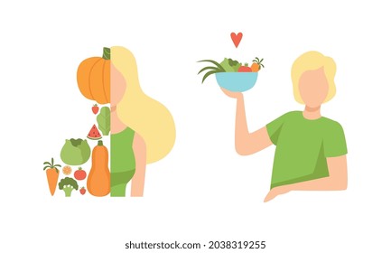 Young Male and Female with Healthy Vegan Food Having Light and Energy Vector Set