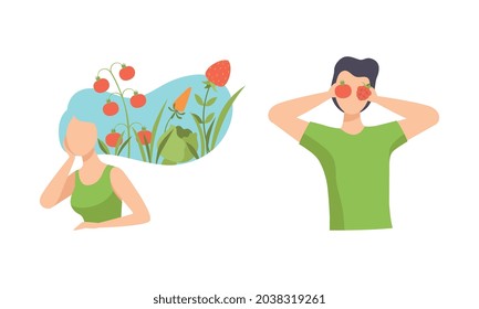 Young Male and Female with Healthy Vegan Food Having Light and Energy Vector Set