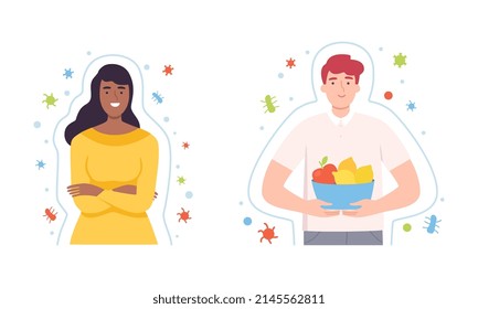 Young Male and Female with Invisible Barrier for Pathogen and Germs Vector Illustration Set