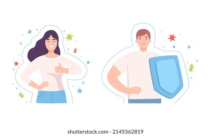 Young Male and Female with Invisible Barrier for Pathogen and Germs Vector Illustration Set
