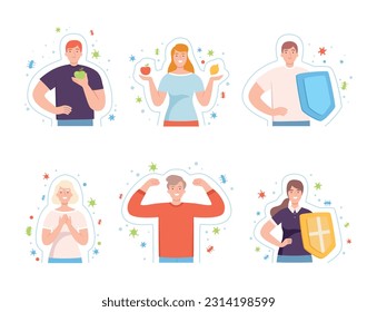 Young Male and Female with Invisible Barrier for Pathogen and Germs Vector Illustration Set