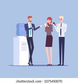 Young male and female office workers having informal conversation next to the watercooler, colleagues communicate with each other during a break vector flat illustration. Office cooler chat.