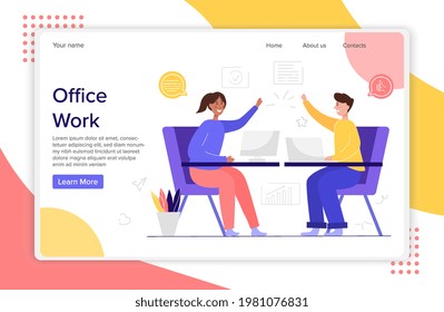 Young male and female office workers giving a high fives. Concept of successful office work and business teamwork. Website, web page, landing page template. Flat cartoon vector illustration